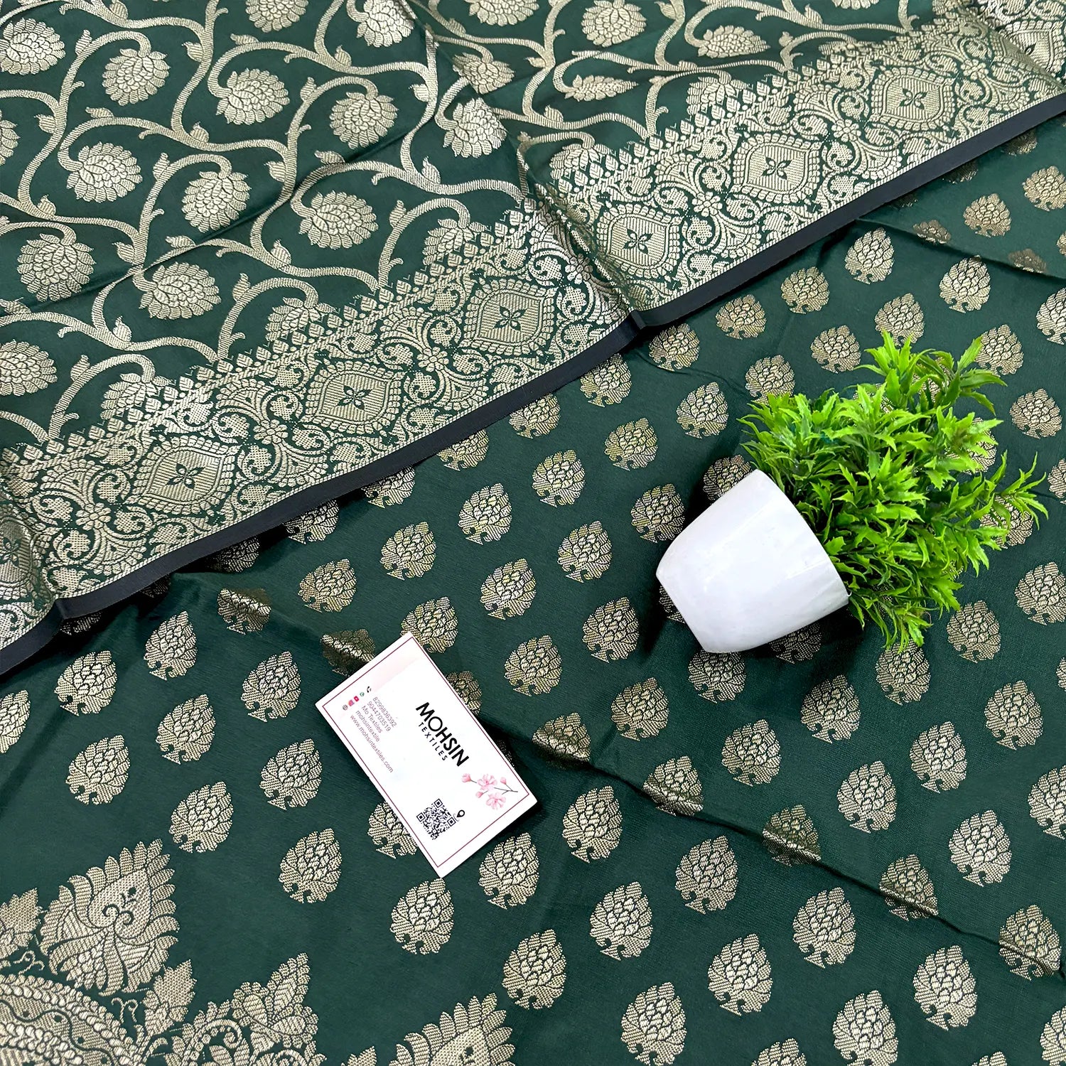 Bottle Green Golden Zari Satin Silk Banarasi Suit