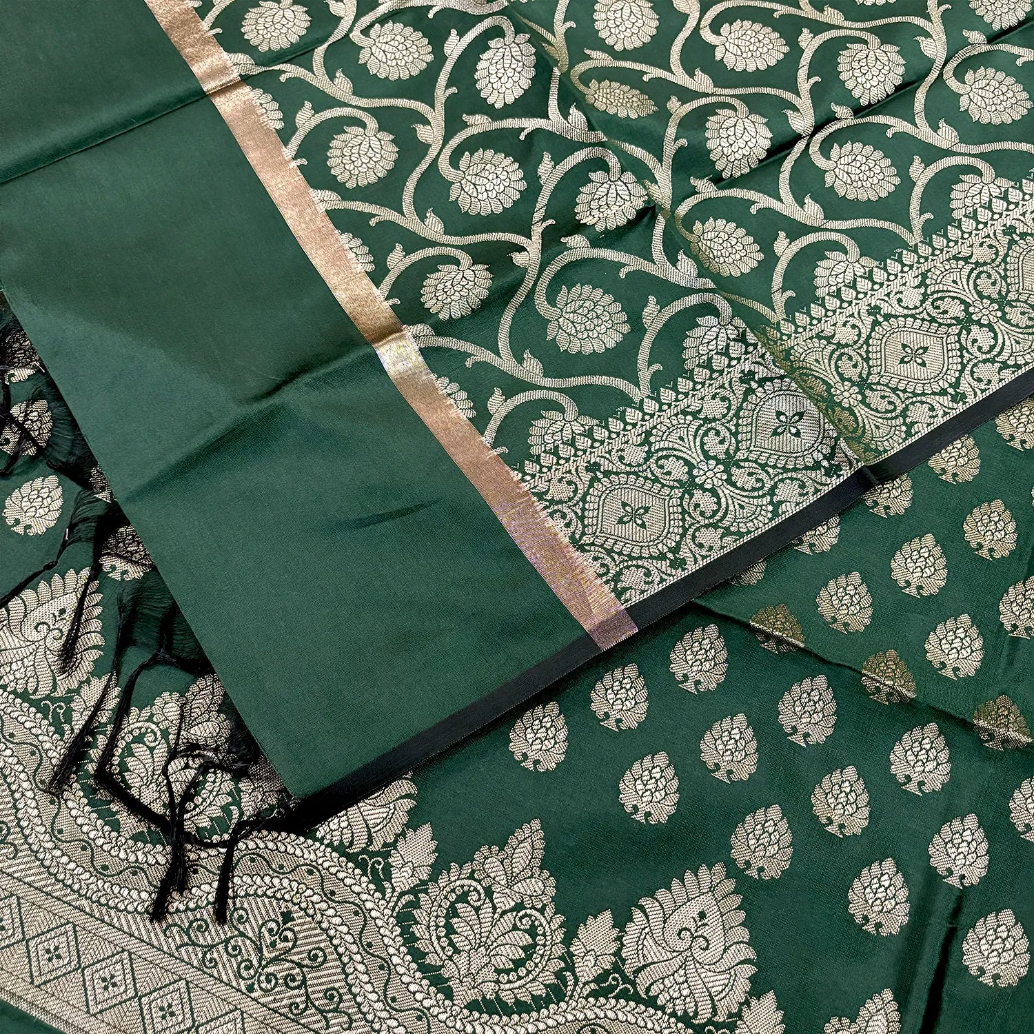 Bottle Green Golden Zari Satin Silk Banarasi Suit