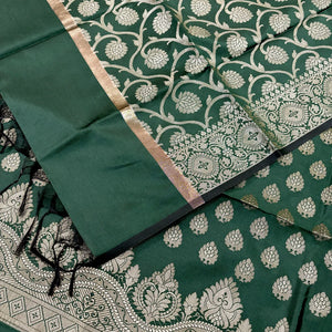 Bottle Green Golden Zari Satin Silk Banarasi Suit