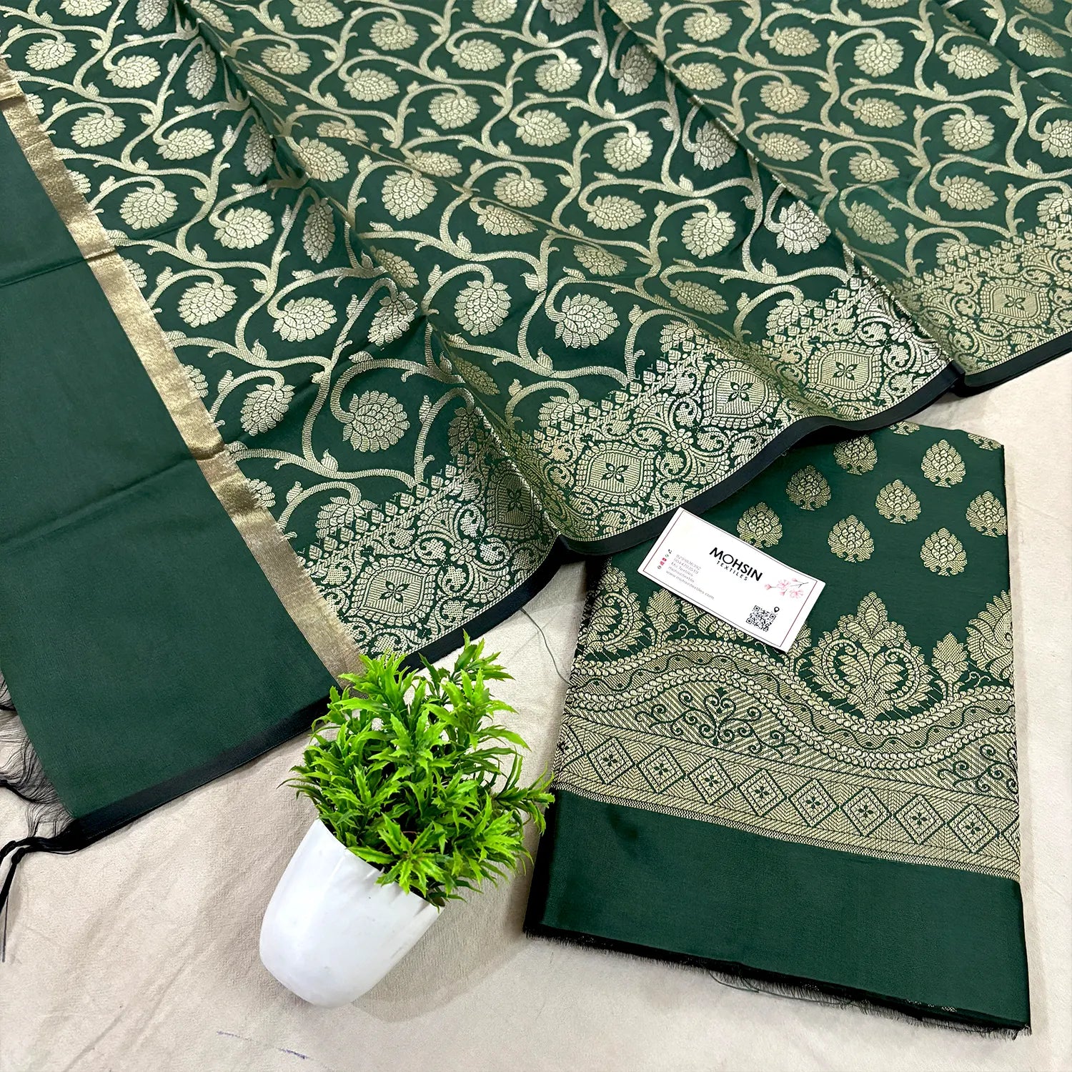 Bottle Green Golden Zari Satin Silk Banarasi Suit