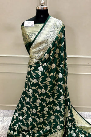 Bottle Green Jasmine Jaal Katan Silk Banarasi Saree