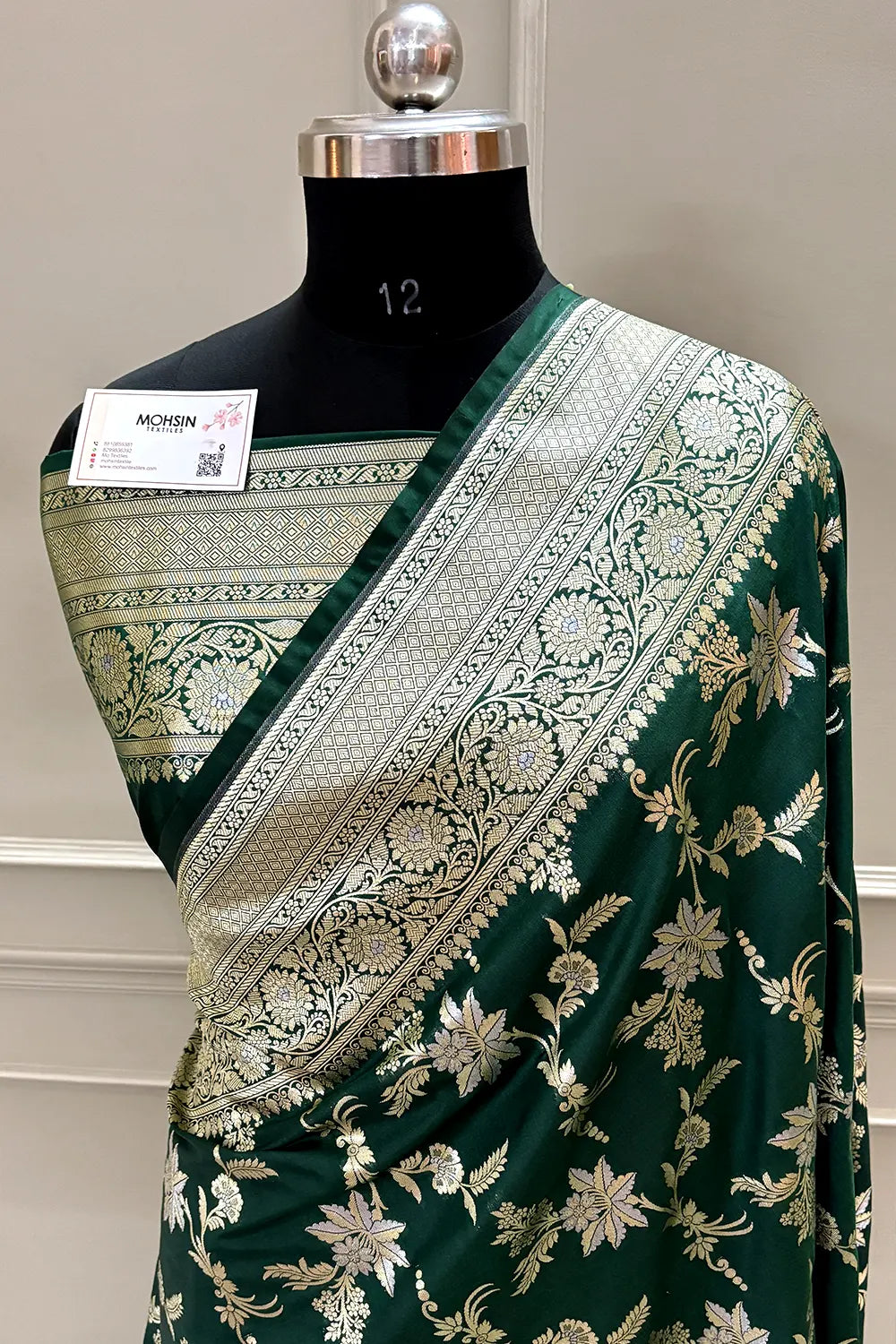 Bottle Green Jasmine Jaal Katan Silk Banarasi Saree
