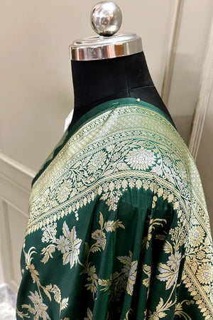 Bottle Green Jasmine Jaal Katan Silk Banarasi Saree