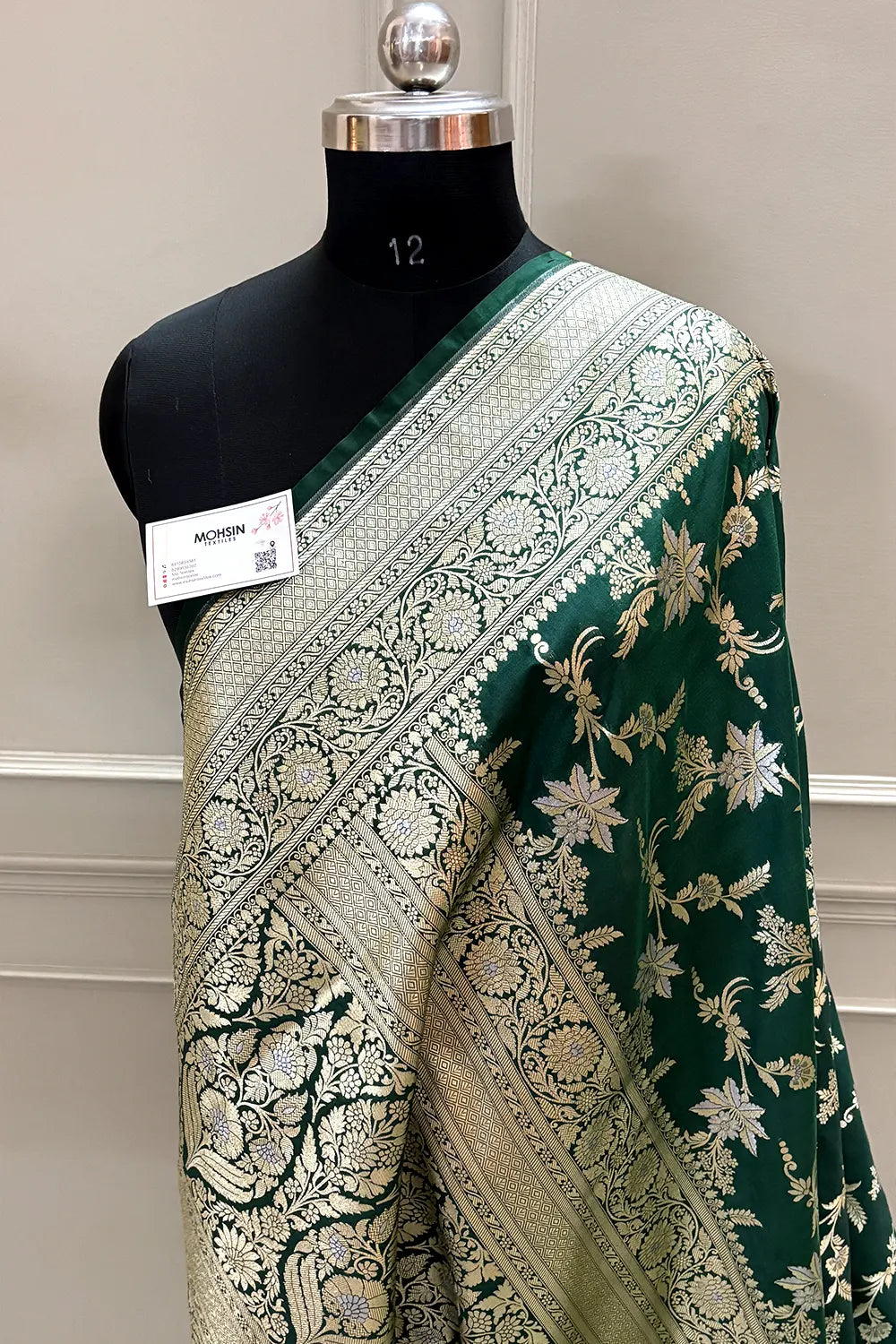Bottle Green Jasmine Jaal Katan Silk Banarasi Saree