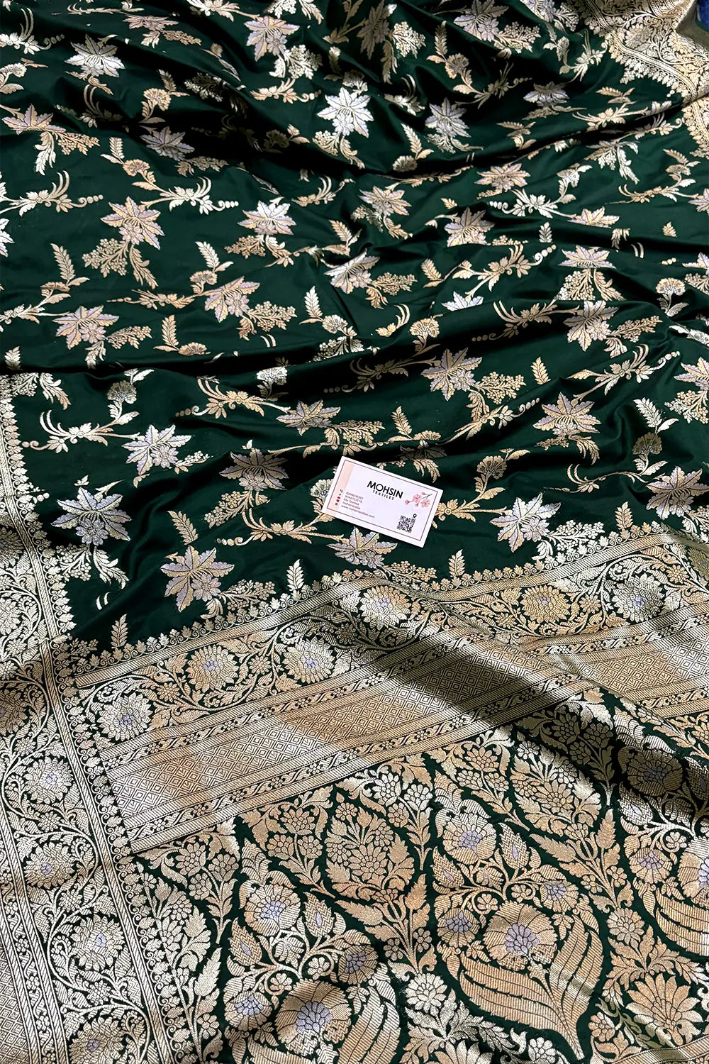 Bottle Green Jasmine Jaal Katan Silk Banarasi Saree