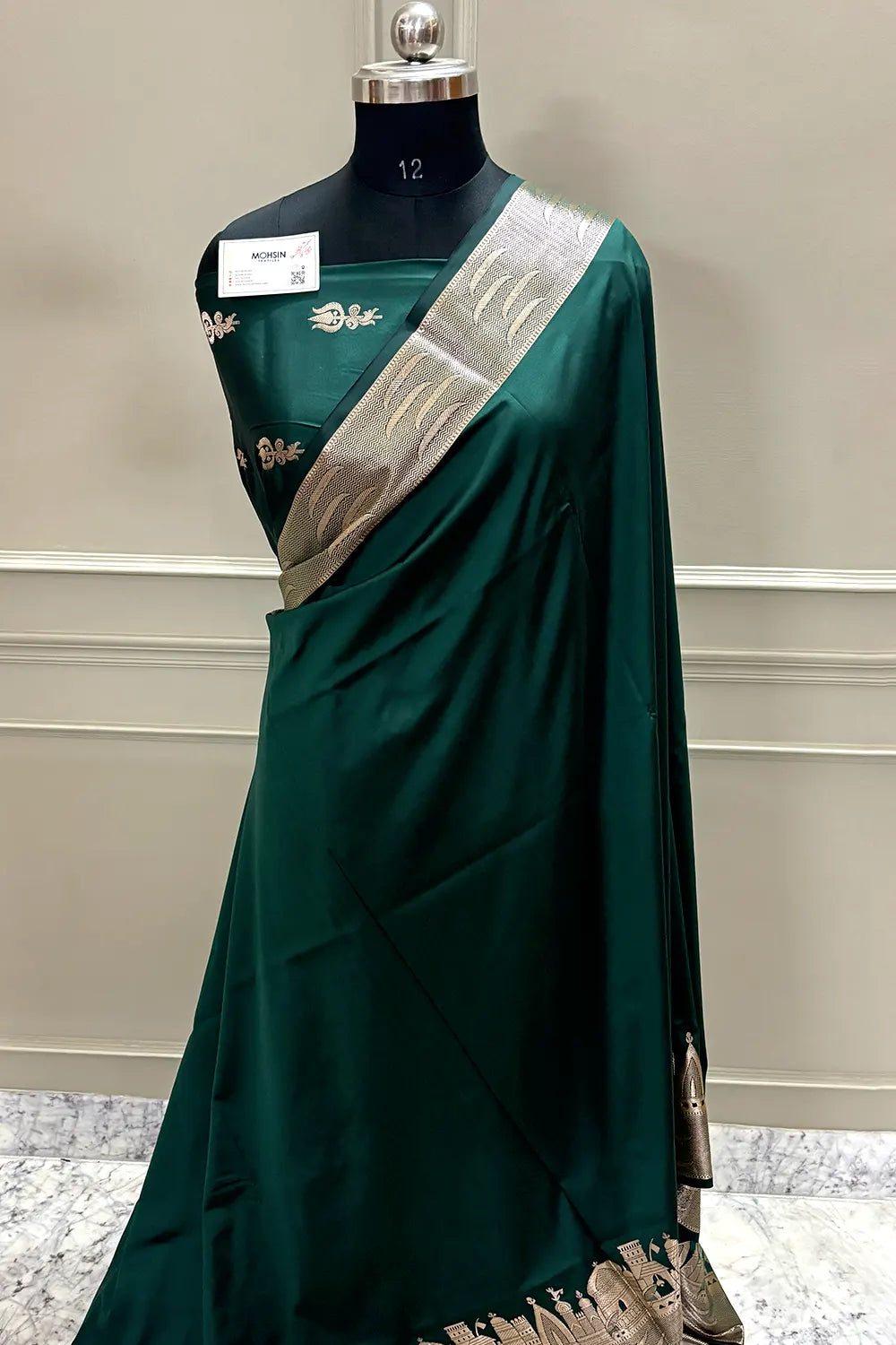 Bottle Green Kalyug Plain Satin Silk Banarasi Saree