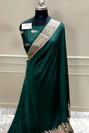 Bottle Green Kalyug Plain Satin Silk Banarasi Saree