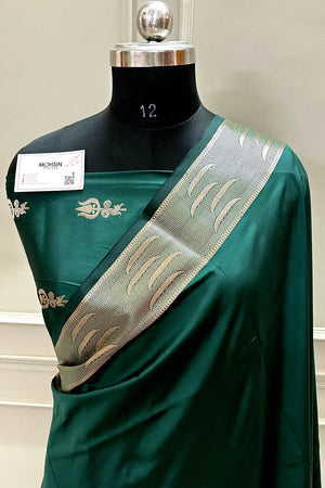Bottle Green Kalyug Plain Satin Silk Banarasi Saree