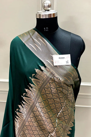 Bottle Green Kalyug Plain Satin Silk Banarasi Saree