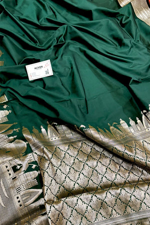 Bottle Green Kalyug Plain Satin Silk Banarasi Saree
