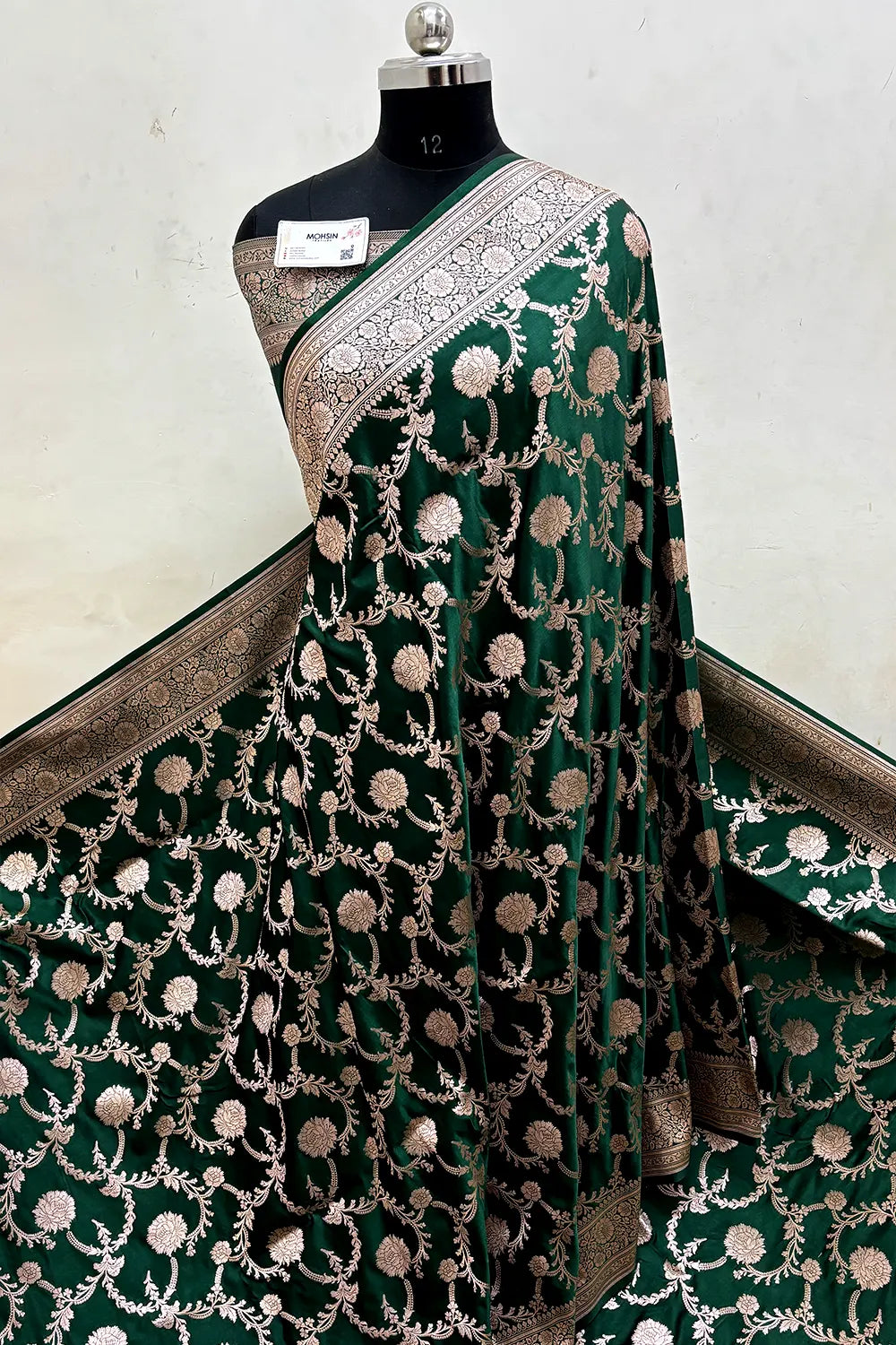 Bottle Green Laabela Jaal Katan Mashru Silk Banarasi Saree