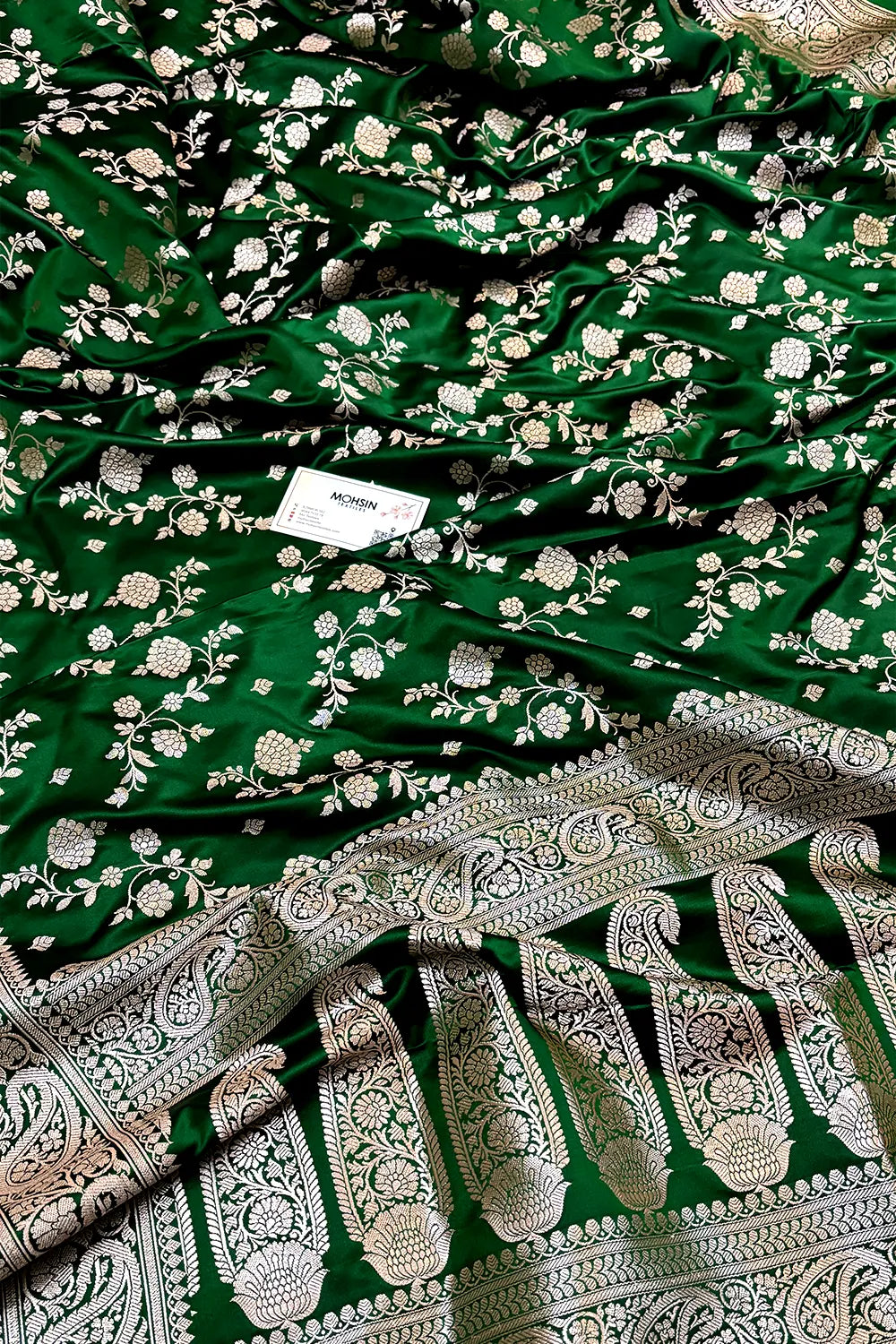 Bottle Green Nafis Jaal Katan Silk Banarasi Saree
