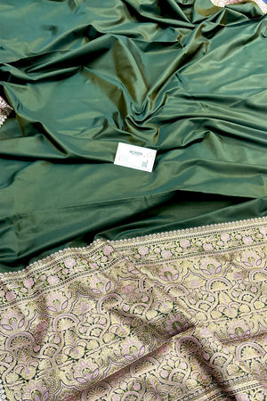 Bottle Green Plain Banarasi Silk Saree