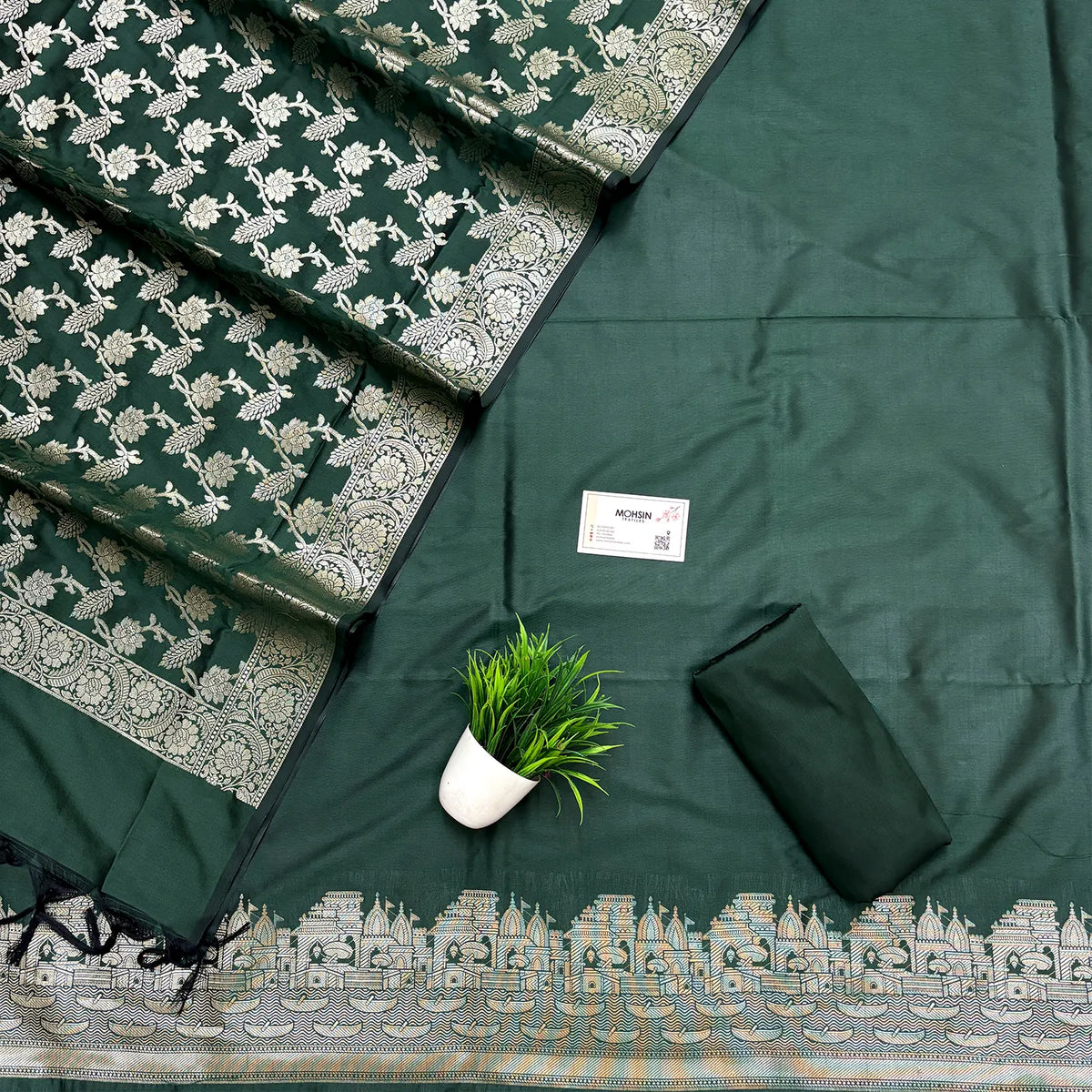 Bottle Green Plain Ghat Semi Katan Silk Banarasi Suit