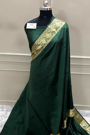 Bottle Green Plain Semi Katan Silk Banarasi Saree