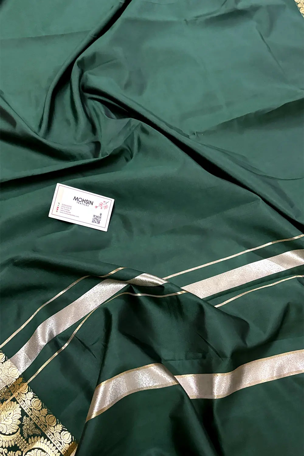 Bottle Green Plain Semi Katan Silk Banarasi Saree