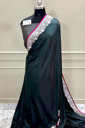 Bottle Green Plain Zari Border Katan Silk Banarasi Saree