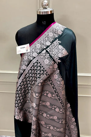 Bottle Green Plain Zari Border Katan Silk Banarasi Saree