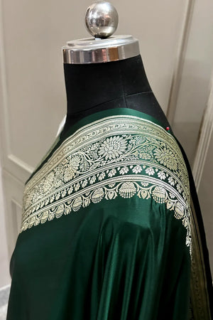 Bottle Green Plain Zari Katan Silk Banarasi Saree
