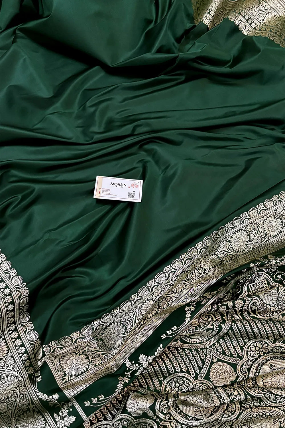 Bottle Green Plain Zari Katan Silk Banarasi Saree