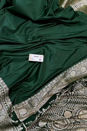 Bottle Green Plain Zari Katan Silk Banarasi Saree