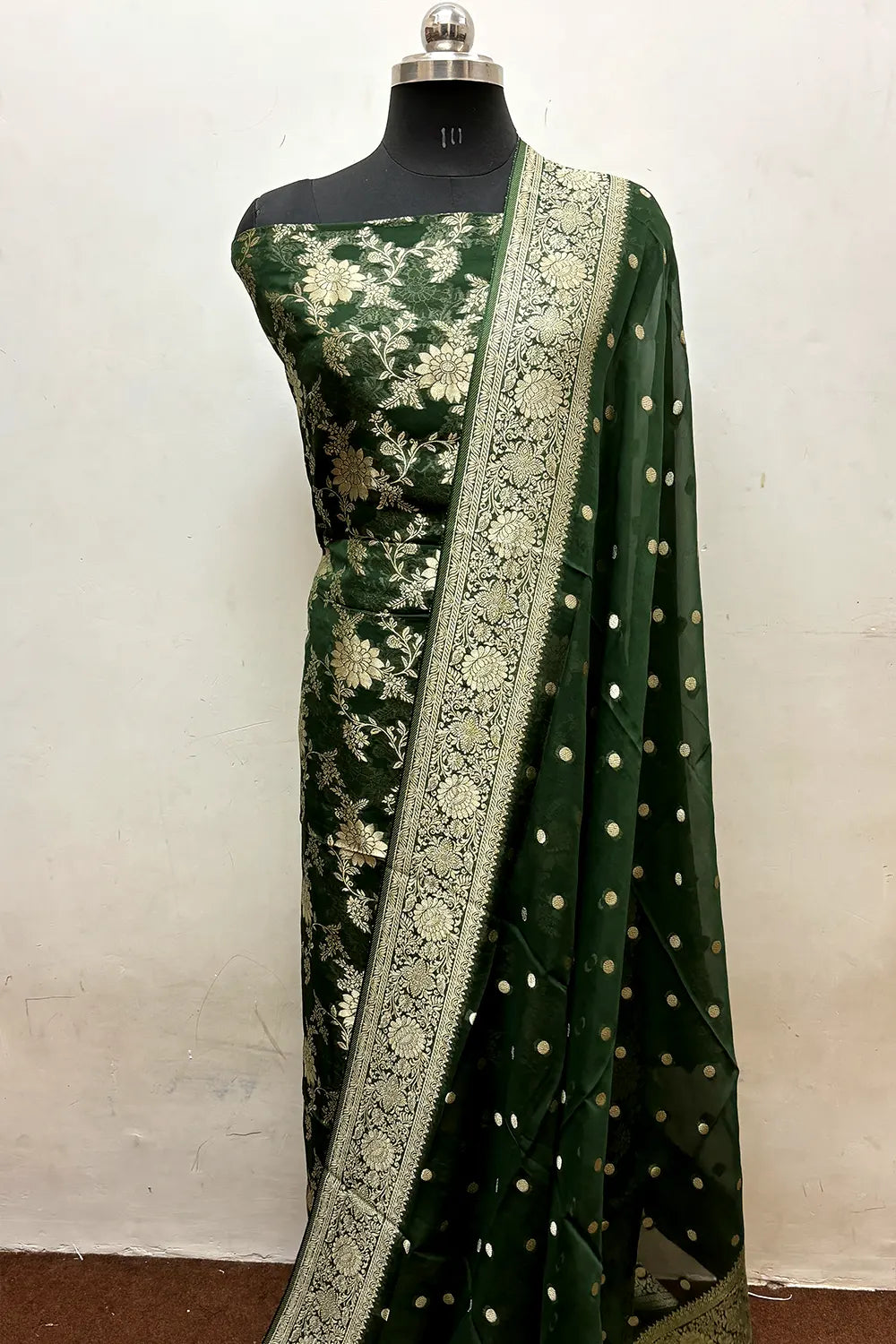 Bottle Green Pure Viscose Georgette Banarasi Suit