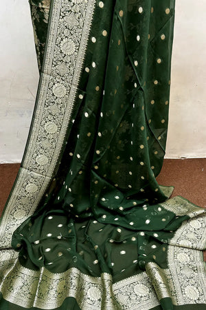Bottle Green Pure Viscose Georgette Banarasi Suit