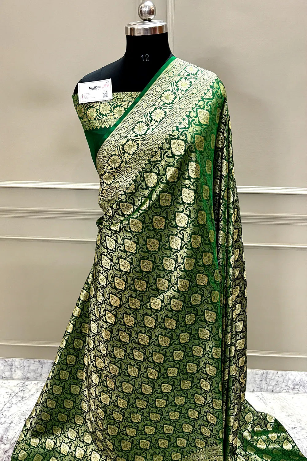 Bottle Green Rajvada Buti Katan Silk Banarasi Saree