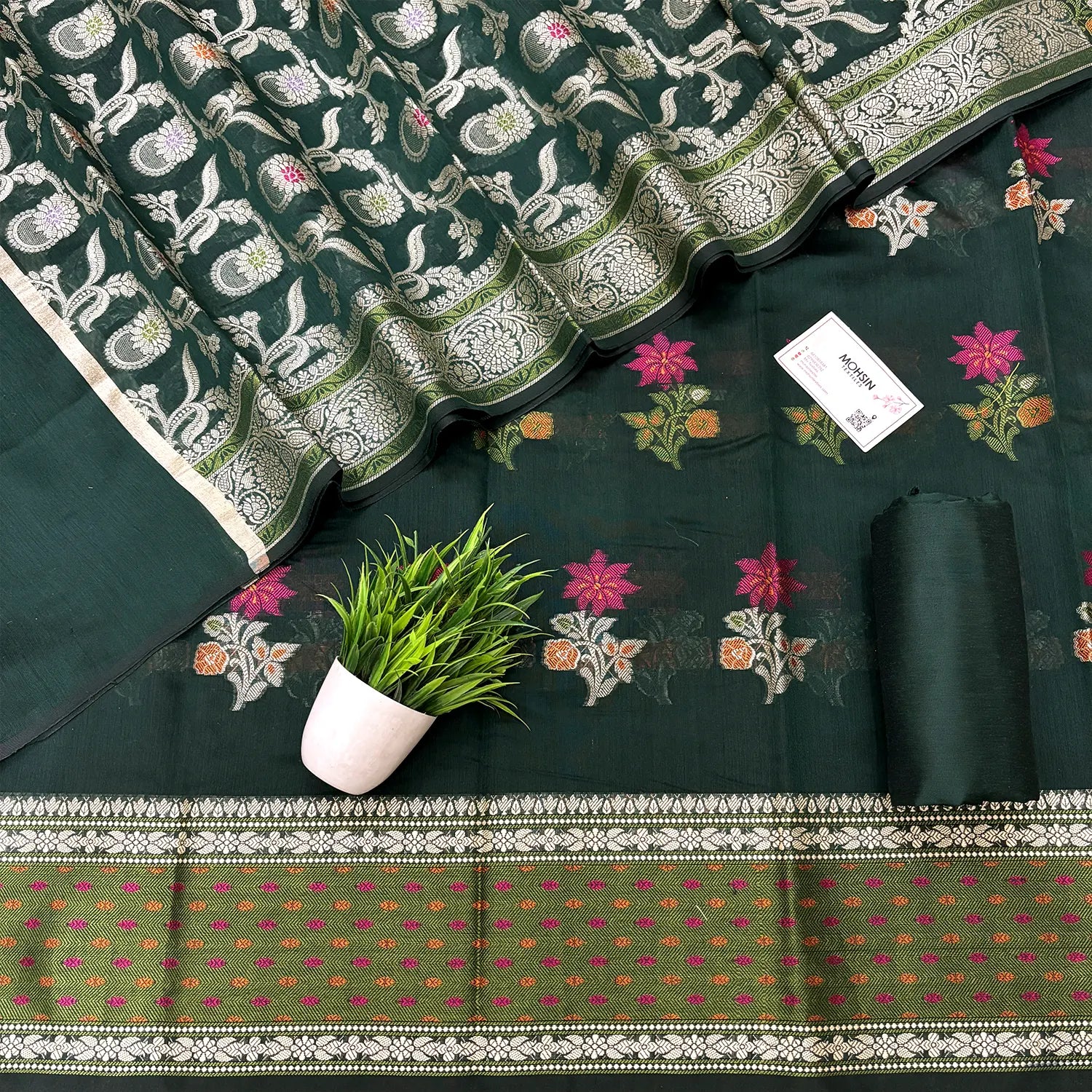 Bottle Green Resham Banarasi Silk Suit