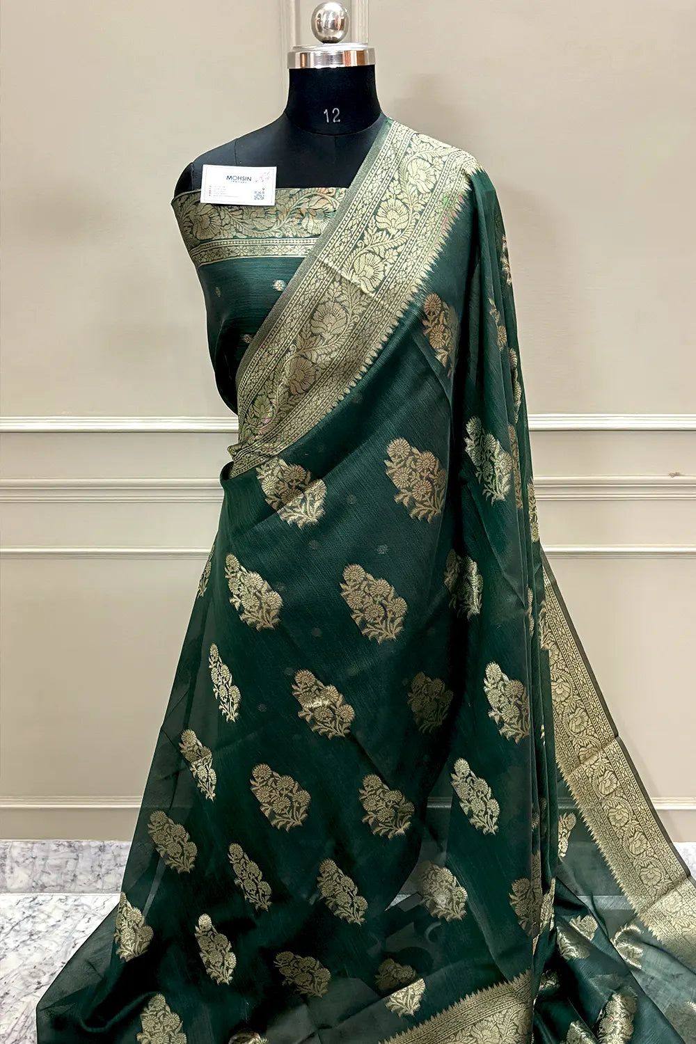 Bottle Green Resham Zari Cotton Silk Banarasi Saree