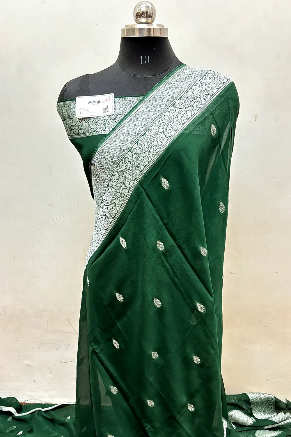 Bottle Green Rupa Buti Pure Viscose Georgette Silk Banarasi Saree