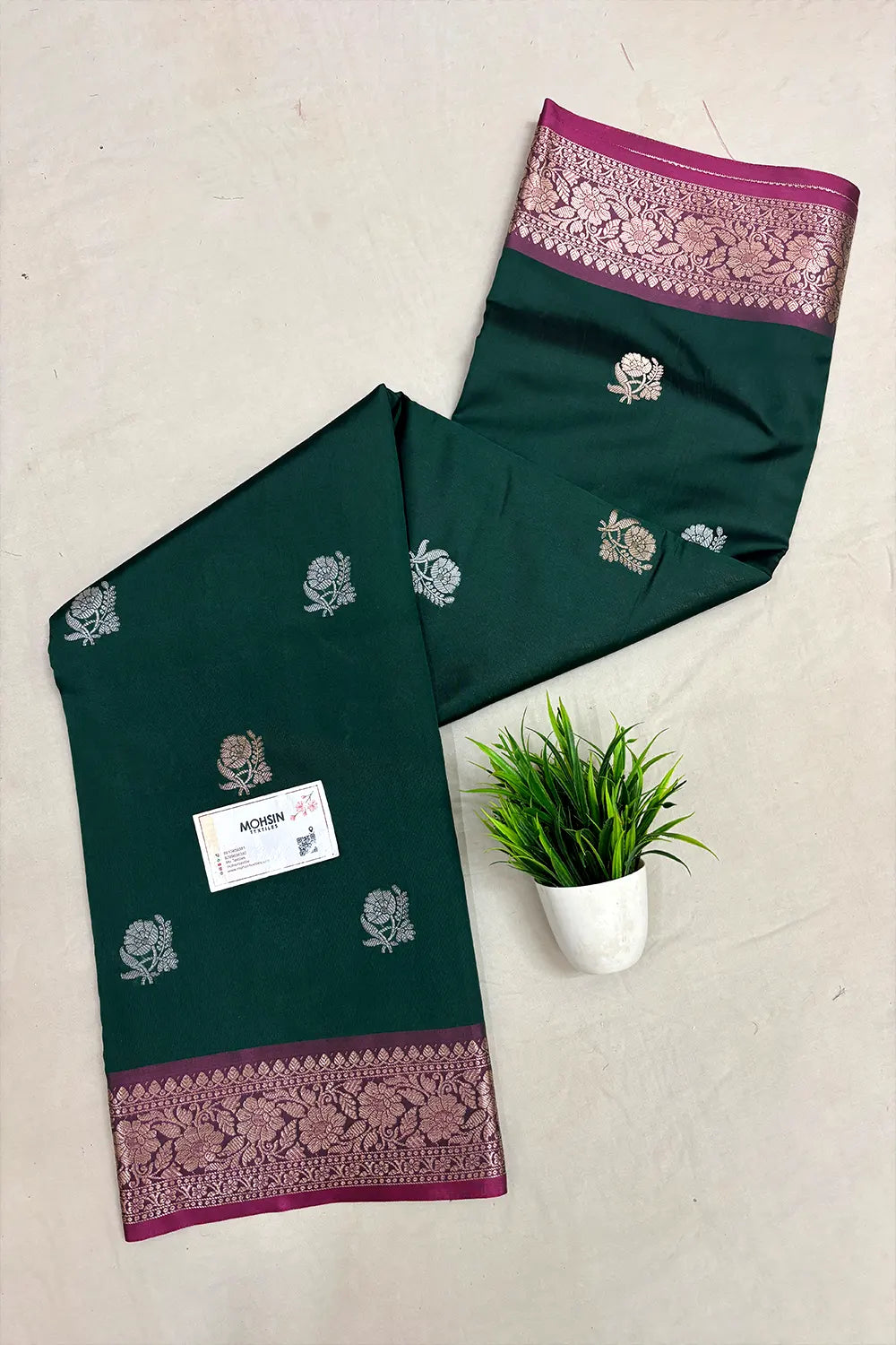 Bottle Green Semi Katan Silk Banarasi Saree