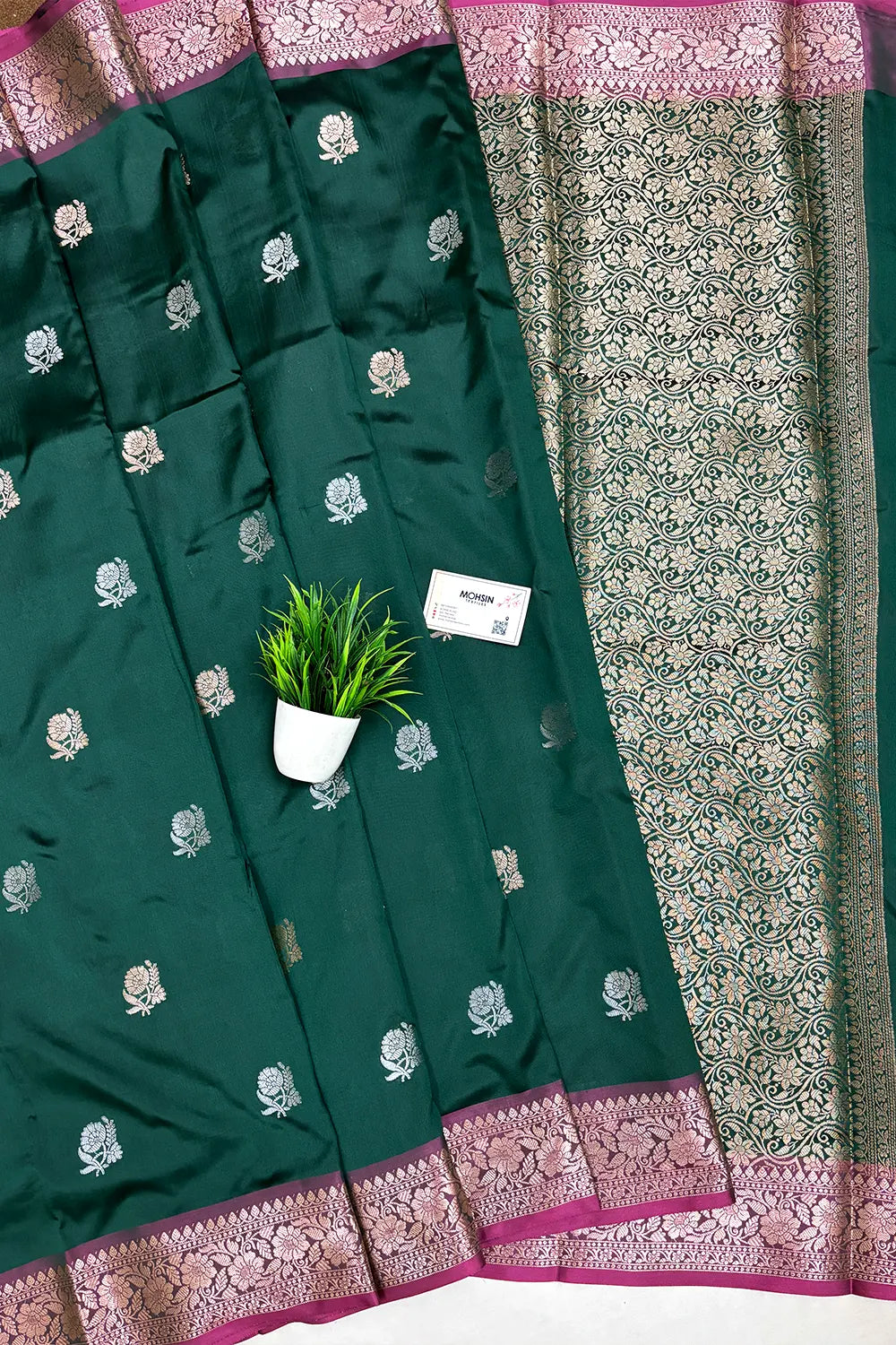 Bottle Green Semi Katan Silk Banarasi Saree