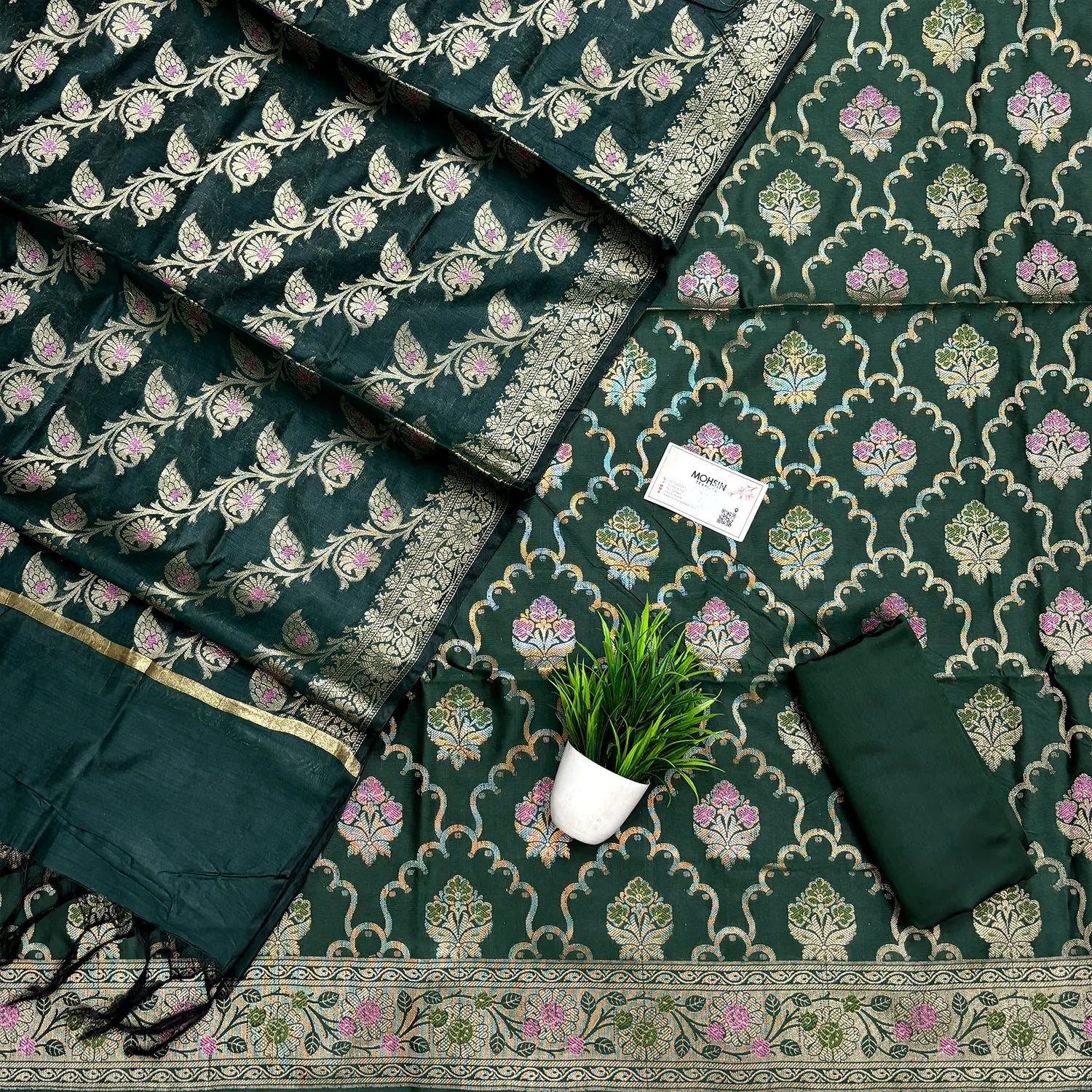Bottle Green Semi Katan Silk Banarasi Silk Suit