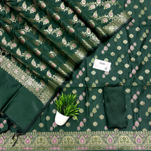 Bottle Green Semi Katan Silk Banarasi Suit