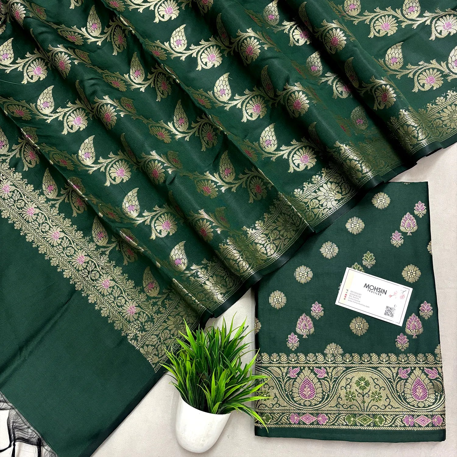Bottle Green Semi Katan Silk Banarasi Suit