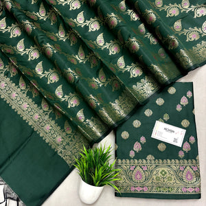 Bottle Green Semi Katan Silk Banarasi Suit