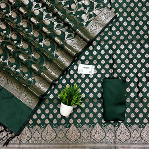 Bottle Green Singhasan Buti Semi Katan Silk Banarasi Suit