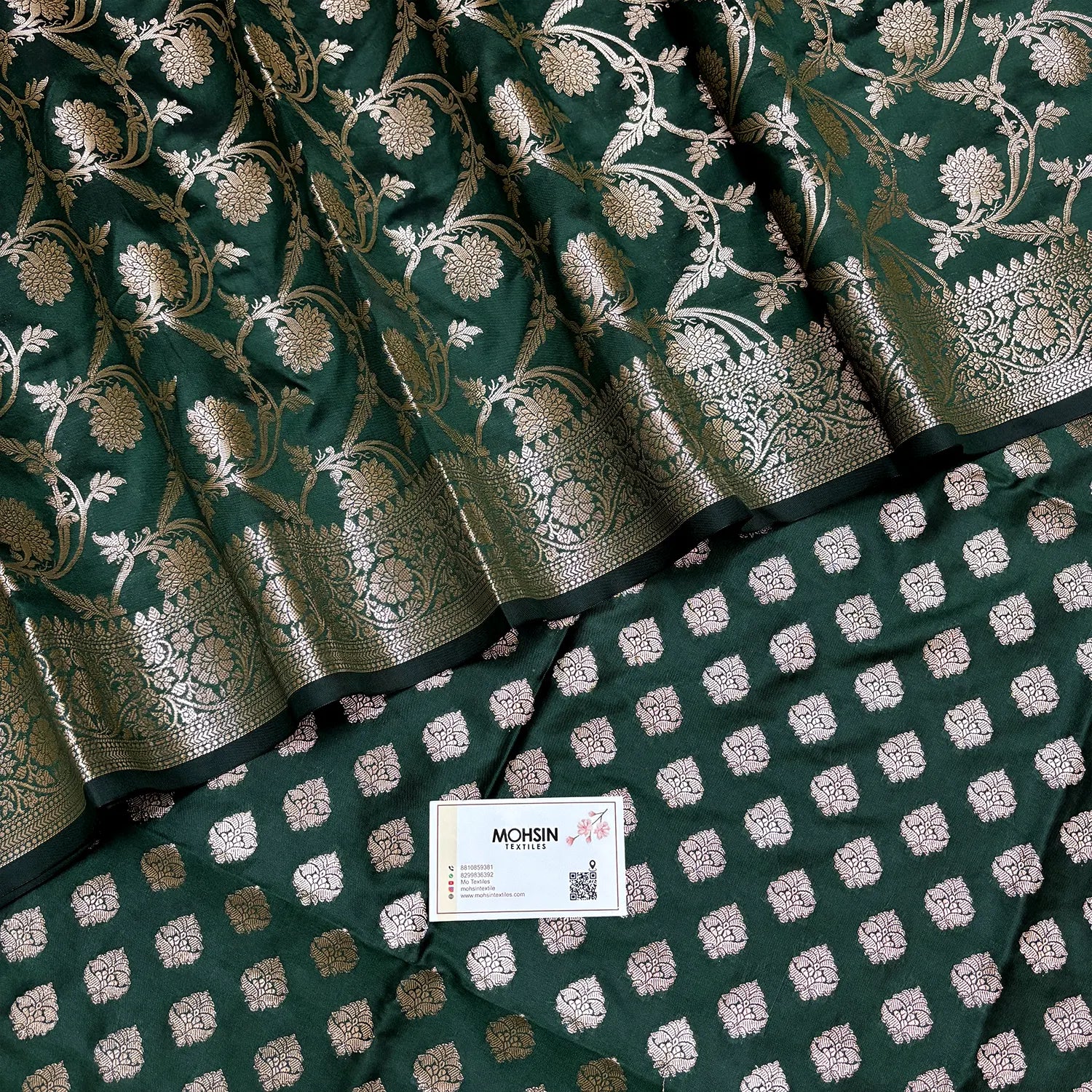 Bottle Green Singhasan Buti Semi Katan Silk Banarasi Suit