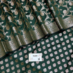 Bottle Green Singhasan Buti Semi Katan Silk Banarasi Suit