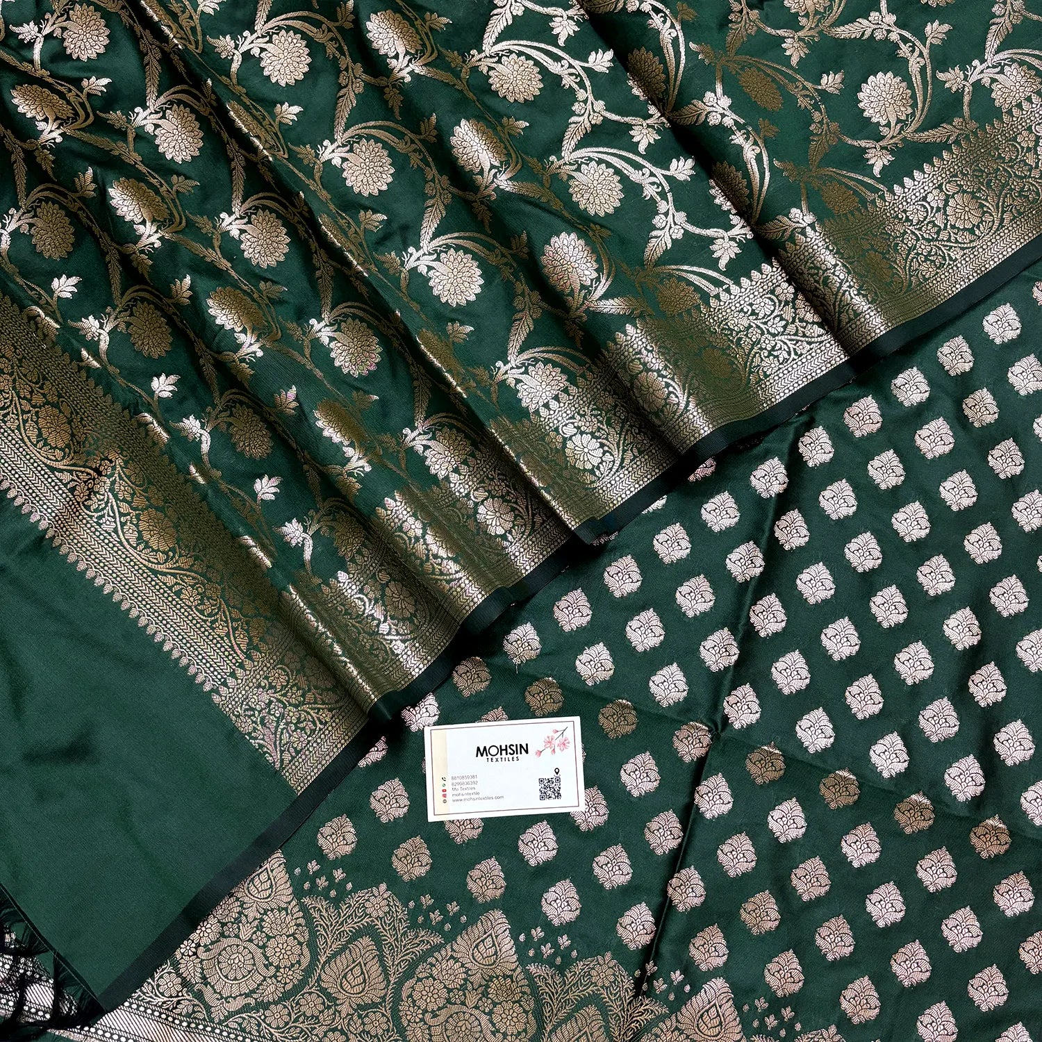Bottle Green Singhasan Buti Semi Katan Silk Banarasi Suit