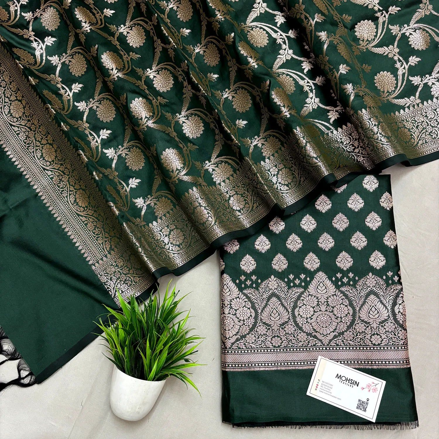 Bottle Green Singhasan Buti Semi Katan Silk Banarasi Suit