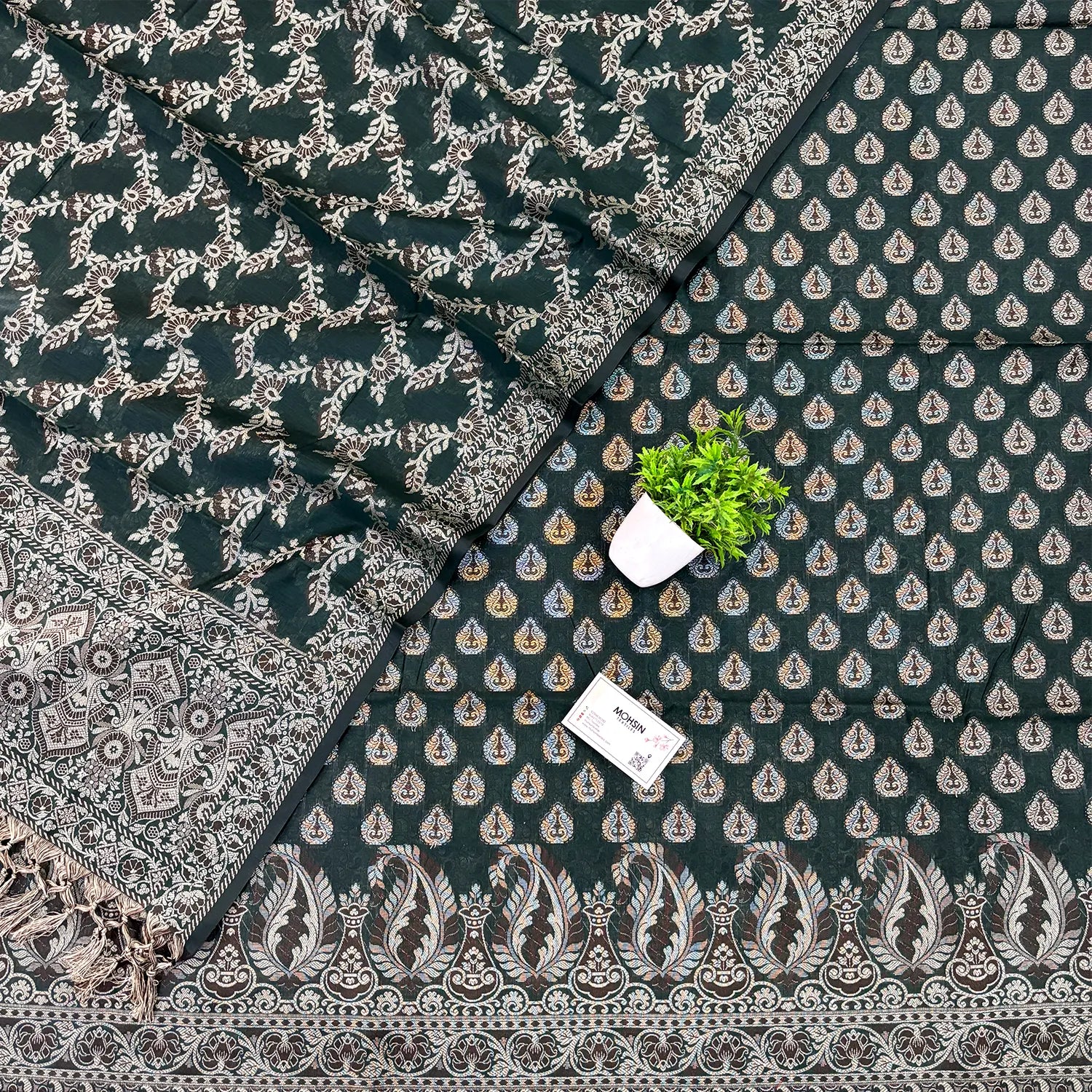 Bottle Green Surahi Buti Cotton Silk Banarasi Suit 