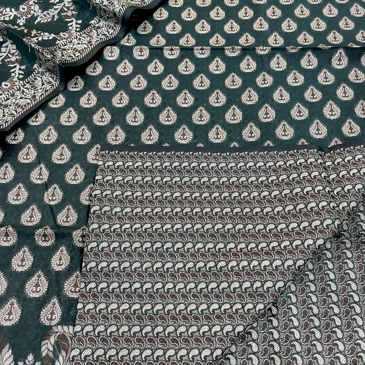 Bottle Green Surahi Buti Cotton Silk Banarasi Suit 