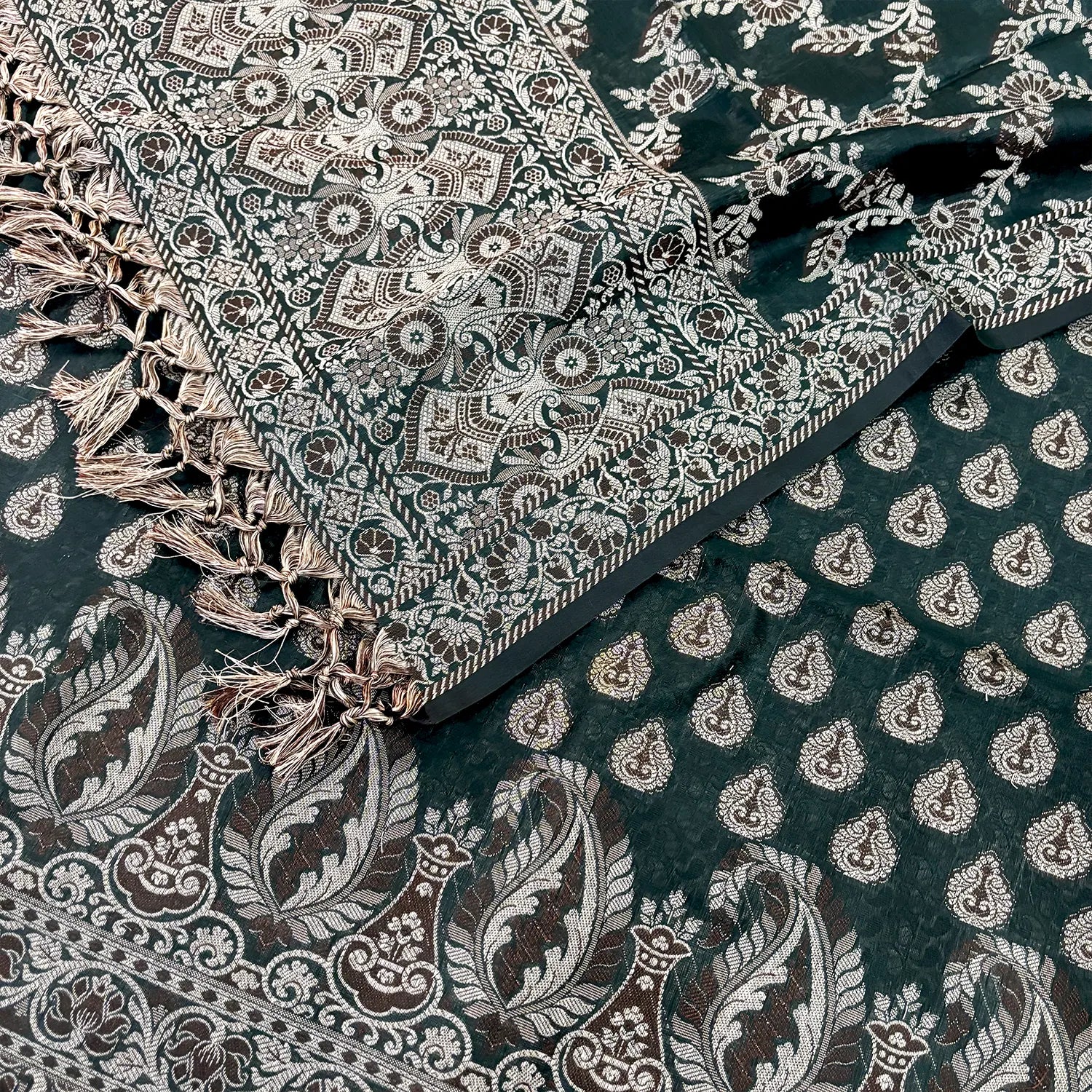 Bottle Green Surahi Buti Cotton Silk Banarasi Suit 