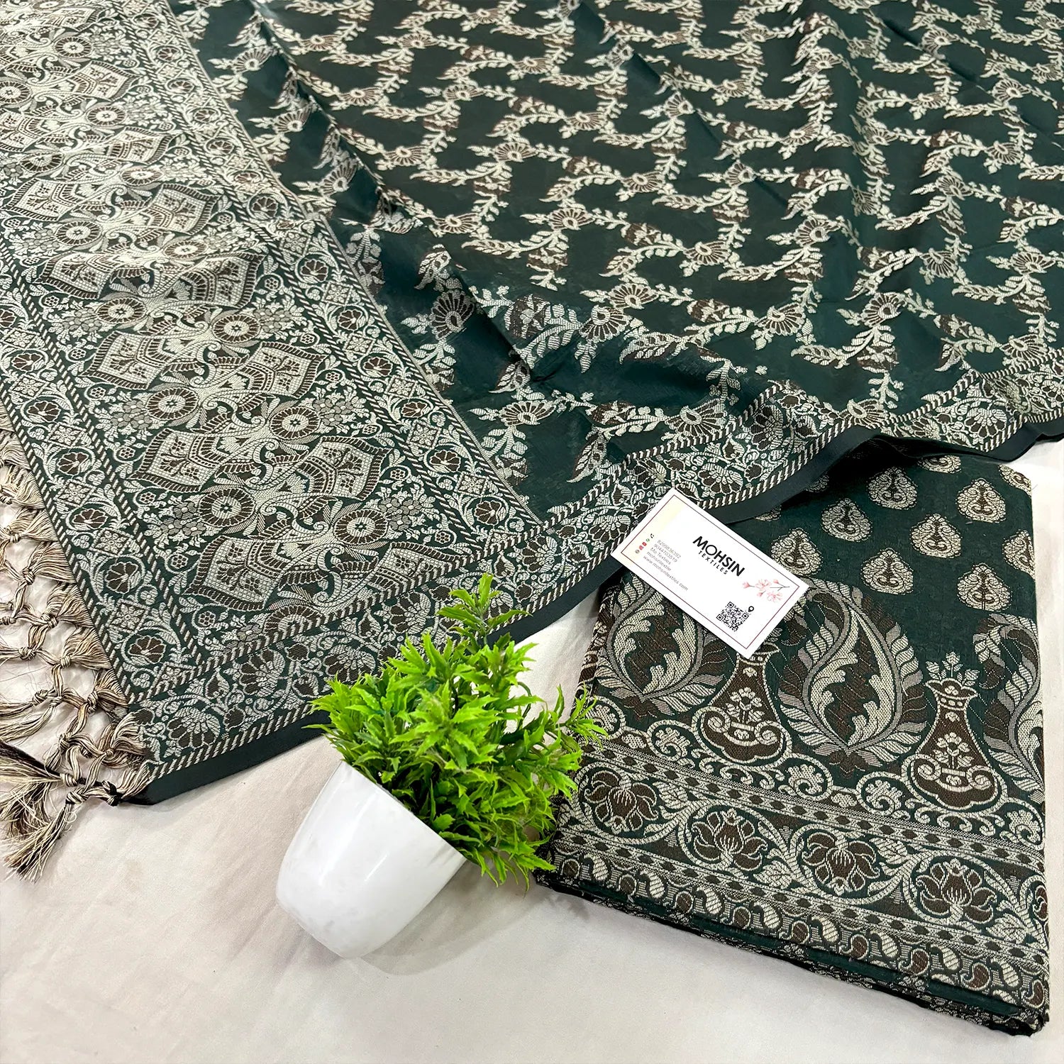 Bottle Green Surahi Buti Cotton Silk Banarasi Suit 