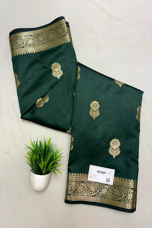 Bottle Green Tilismi Kalli Semi Katan Silk Banarasi Saree