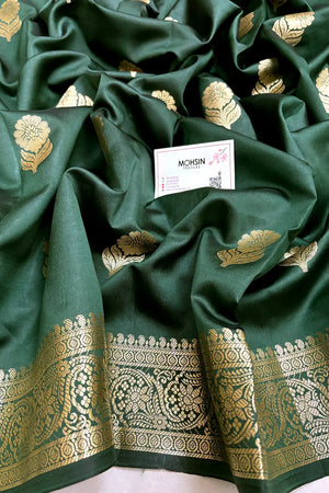 Bottle Green Tilismi Kalli Semi Katan Silk Banarasi Saree
