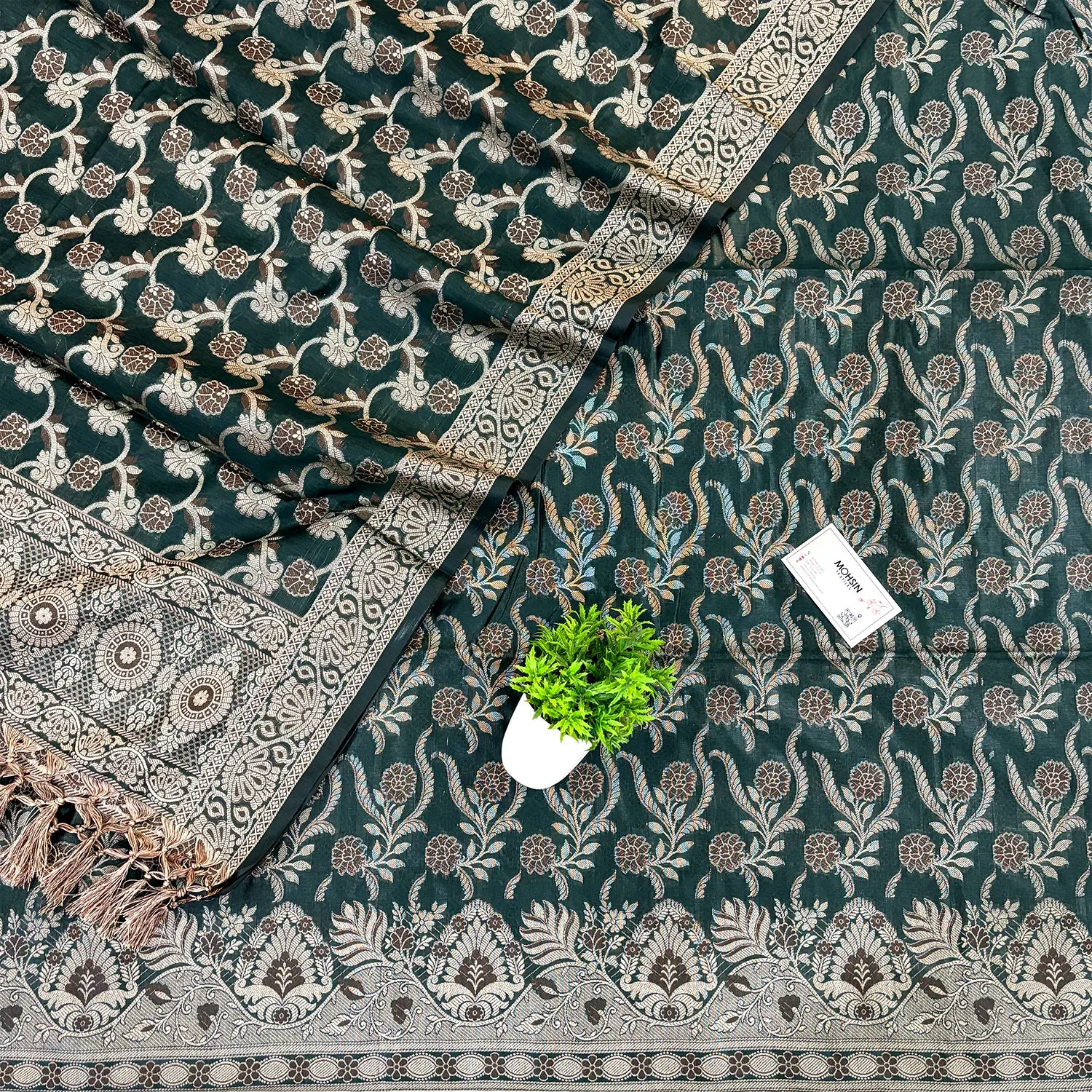 Bottle Green Yoga Jaal Cotton Silk Banarasi Suit