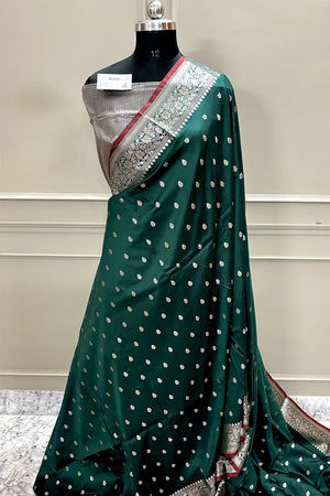 Bottle Green Zari Banarasi Silk Saree